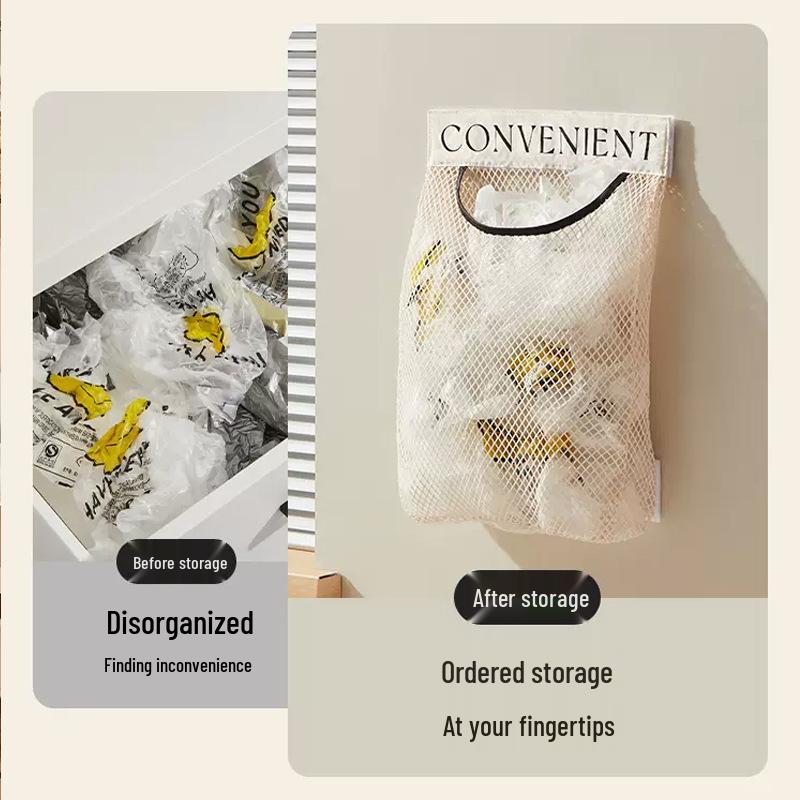Wall-Mounted Kitchen Trash Bag Organizer with Velcro Mesh Pocket