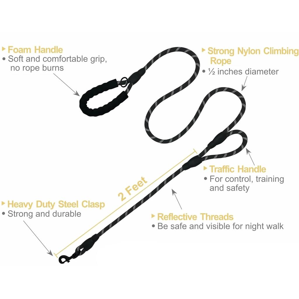 Reflective Double Handle Dog Leash - Anti-pull Heavy Duty Rope With Non-slip Grips For Large Dogs Outdoor Training 
