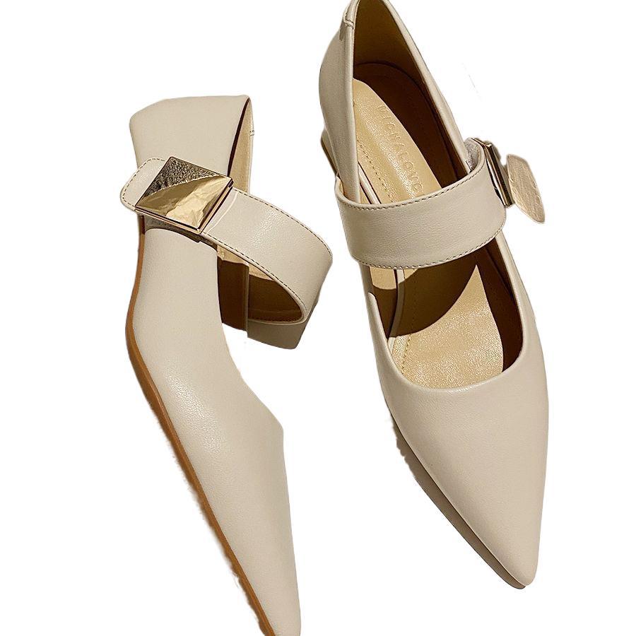 Coarse heel pointed head silver Mary Jane shoes women's 2025 new Velcro word with soft leather temperament high heels