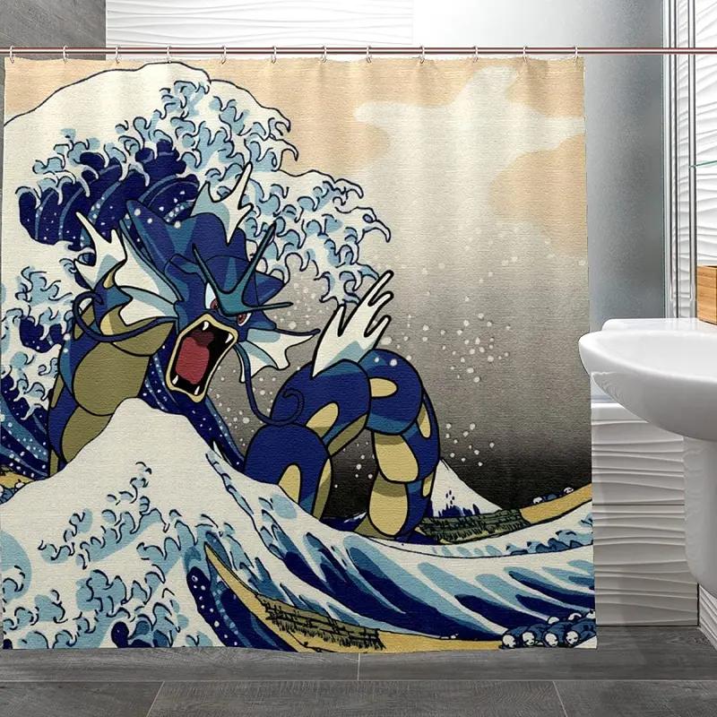 JY01Funny Cat Octopus Japanese Anime Kraken Monster Hokusai The Great Waves Kanagawa Antique Ocean Scenery Shower Curtain