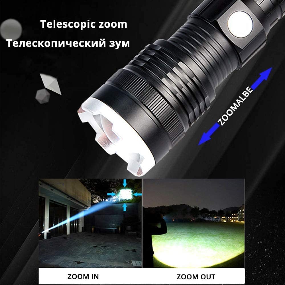 Powerful 5000 Lumens XHP70 LED USB Waterproof and Zoomable Torch Light for Outdoor Emergency Use Flashlight, Rechargeable, Camping,
