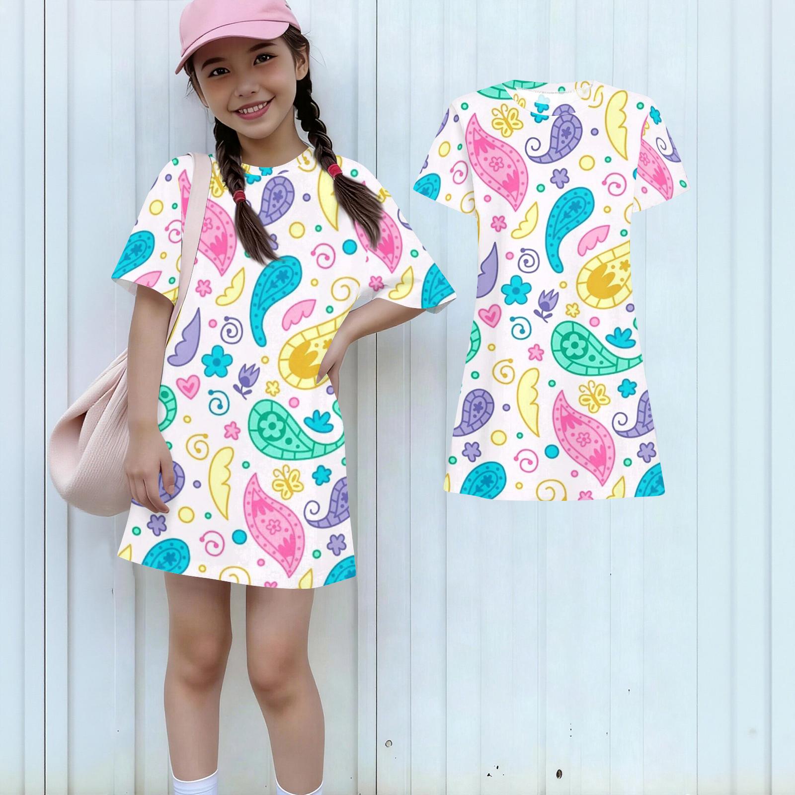 Girls Print Casual Dress Kids Loose Round Neck Short Sleeve Thin Sundress 100 синий
