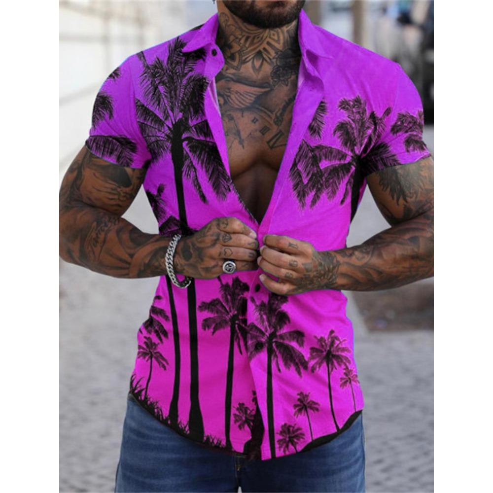 Men's Hawaiian Shirts Graphic Aloha Tree Turndown Sea 3D Print Street Daily Short Sleeve Button Clothing Palm Trees Beach