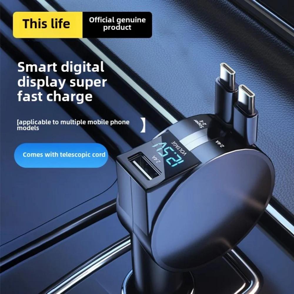 

PT-8 60W High Power LED Display Car Charger Cigarette Lighter Adapter with Dual Type C Retractable Cables