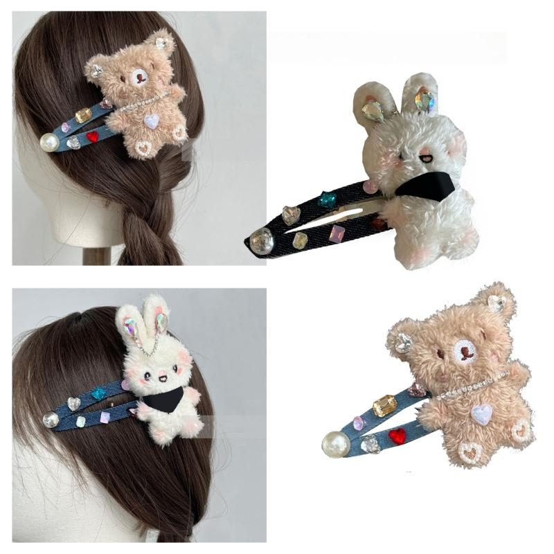 Plush Rabbit/Bear Shape Hair Clip Spring Summer Headwear for Woman Girls Bangs Taking Photo Shopping Travel Anti-Slip