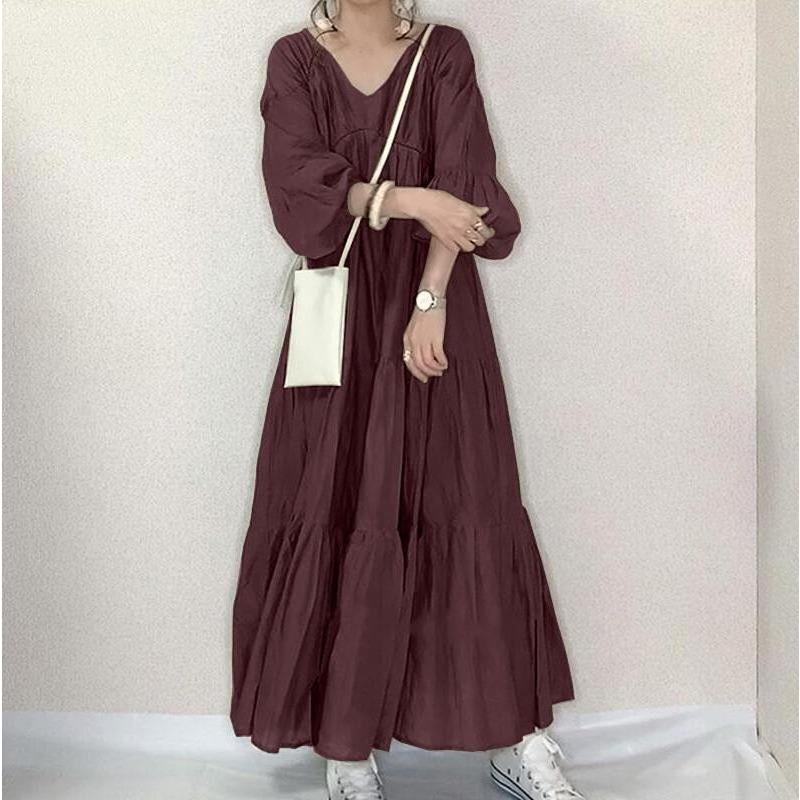 Damesmode zomer lente effen kleur print lange mouw V-hals hoge taille casual jurken