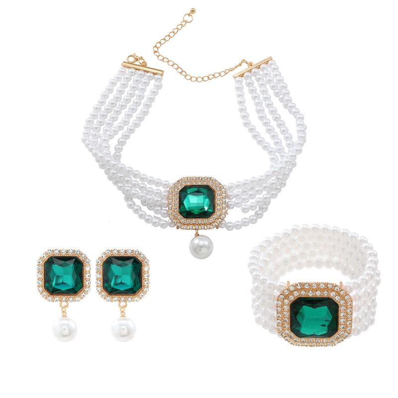 Geometric Layered Pearl Rhinestone Necklace Earring Bracelet Set Women Bohemian Beach Fashion Jewelry Green