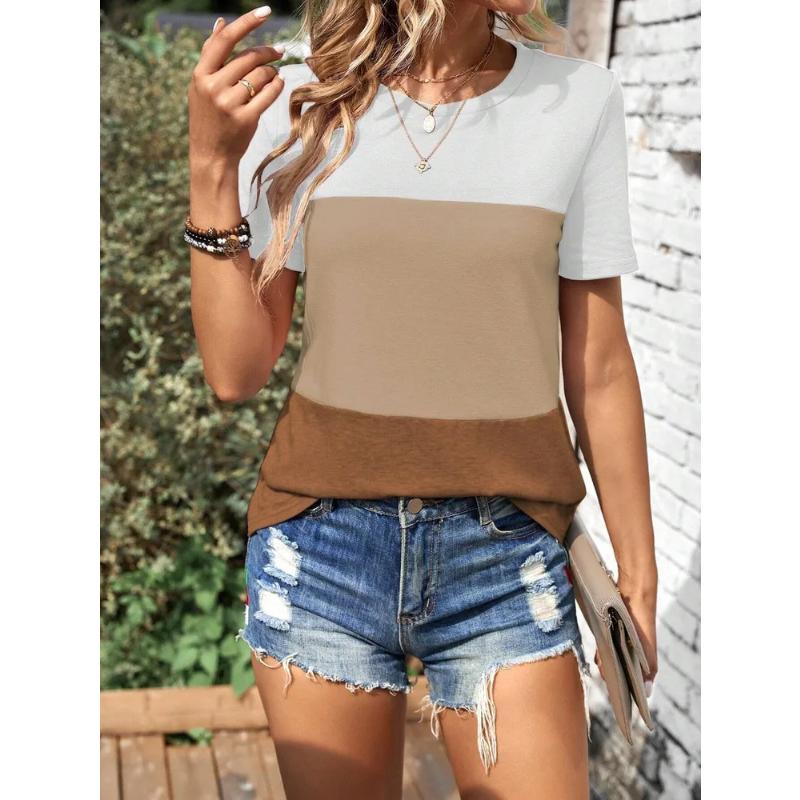 Modisches Damen Rundhals Kurzarm 3D Gestreift Farbprint Gestreiftes Kurzarm Rundhals T-Shirt