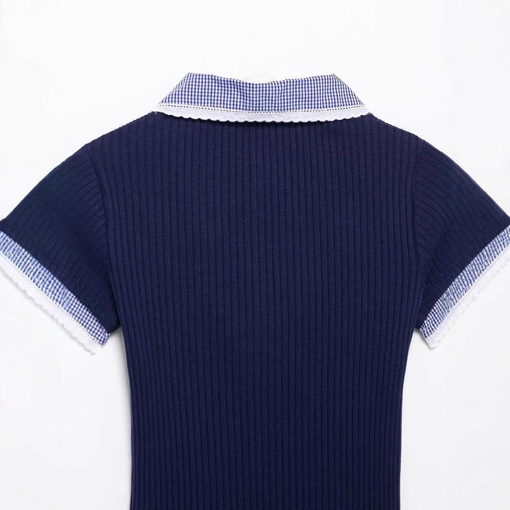 2025 European & American Style Women's Spring Ribbed T-Shirt with Turn-Down Collar