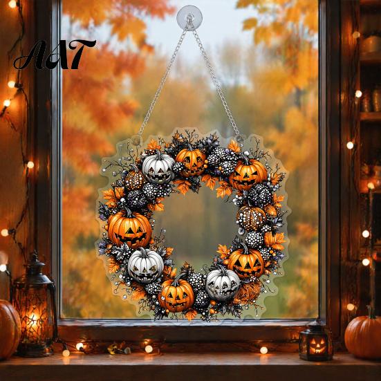 Halloween Decoration for Front Porch Pumpkin Pendant with Hanging Chain Waterproof Acrylic Welcome Spooky Plaque Sign Door Window Wall Indoor Outdoor