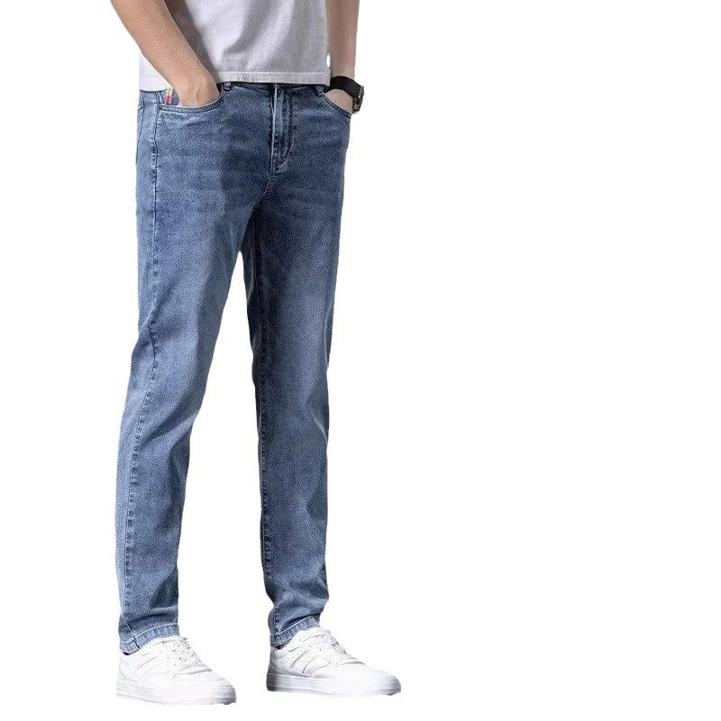 Summer new thin jeans men's straight slim-fitting high-end trendy brand casual versatile light-colored long pants