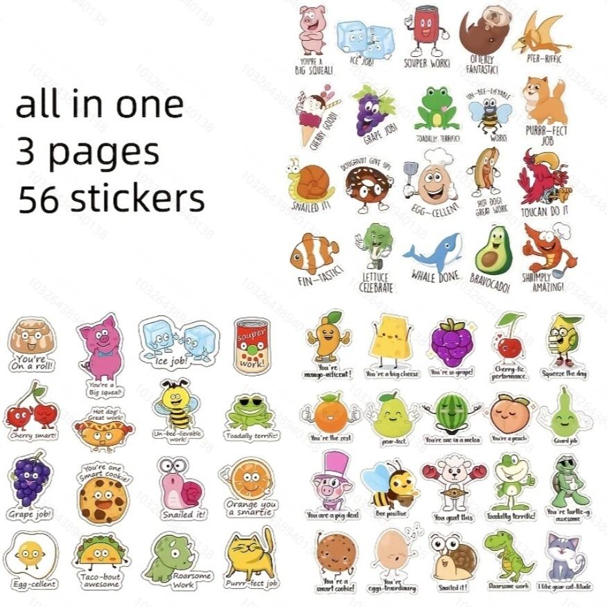 56pcs Mixed English Inspirational Cartoon Sticker Good Job Excellent Cute Animal Stickers Funny Punny Rewards Sticker