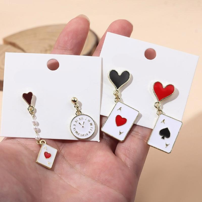 2 Pairs Trendy Clock Poker Card Drop Earrings Asymmetric Ear Accessories Stylish Earwear for Festivals and Gatherings
