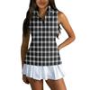 Women Sleeveless Golf Polo Shirt Zip Collar Plaid Print Athletic Tank Top for Sports and Outdoor Activities