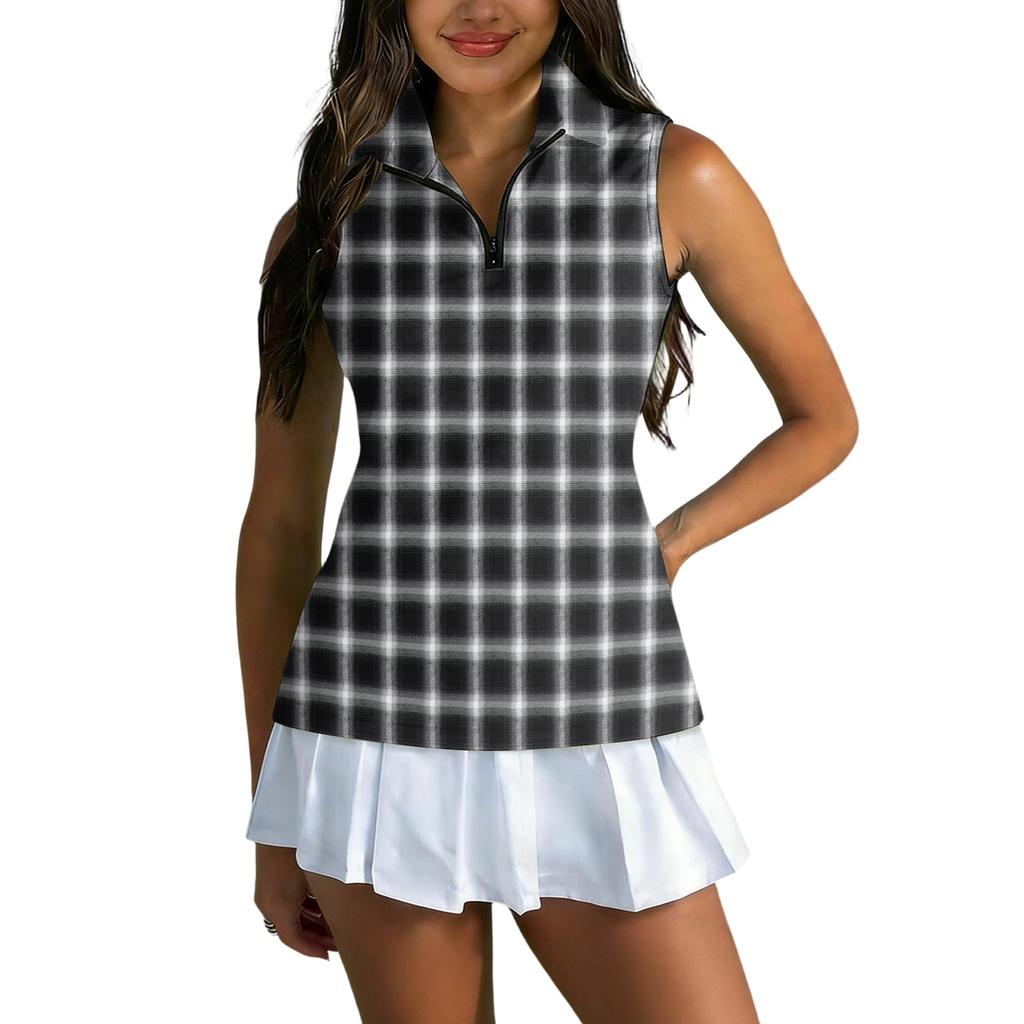 Women Sleeveless Golf Polo Shirt Zip Collar Plaid Print Athletic Tank Top for Sports and Outdoor Activities