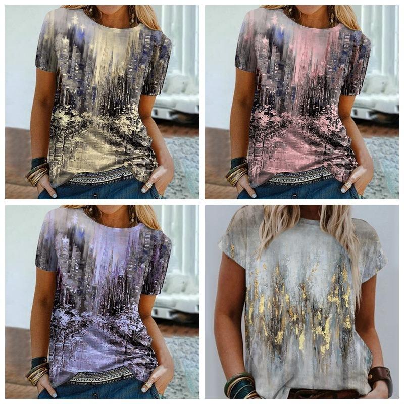 Printed T-shirt Painting Round Neck Women's Short Sleeved Casual T-shirts Vintage Top