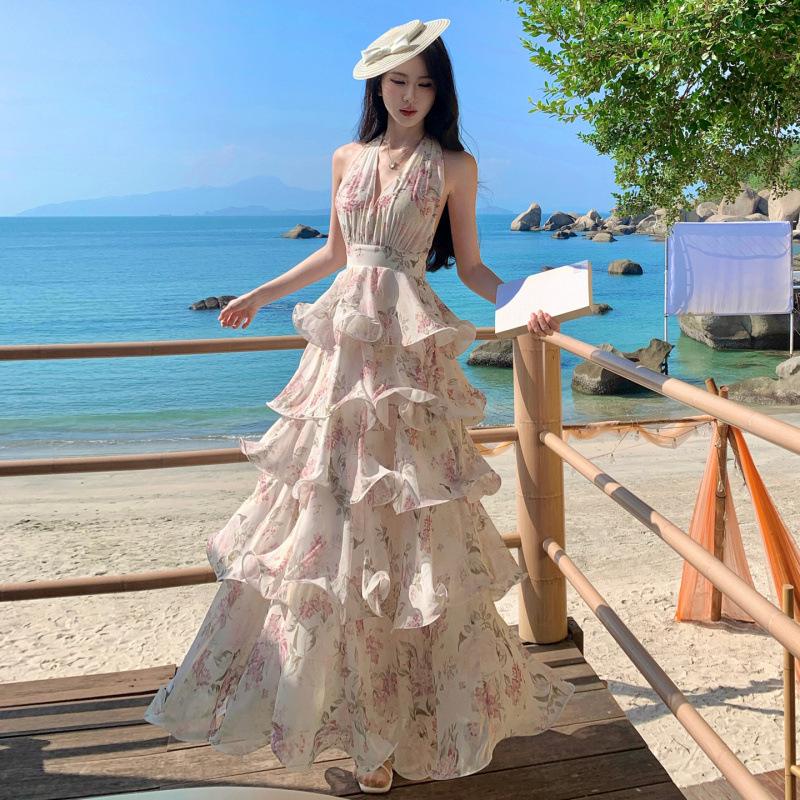 New French Holiday Style Print Neck Chiffon Cake Long Dress Women's Collar Dress Summer Super Fairy Photo
