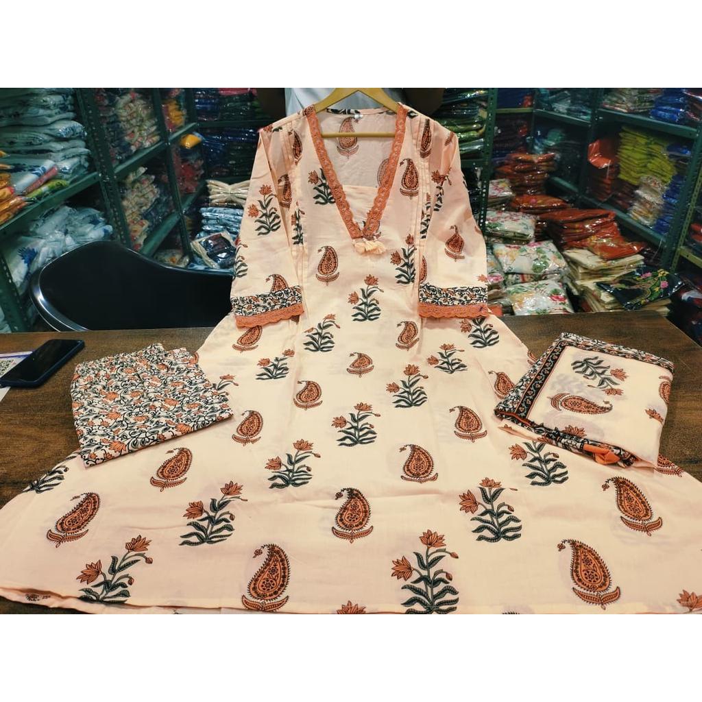 Beautiful Blockprinted Aline Kurta Palazzo Dupattas Set Indian Women's Kurti Set