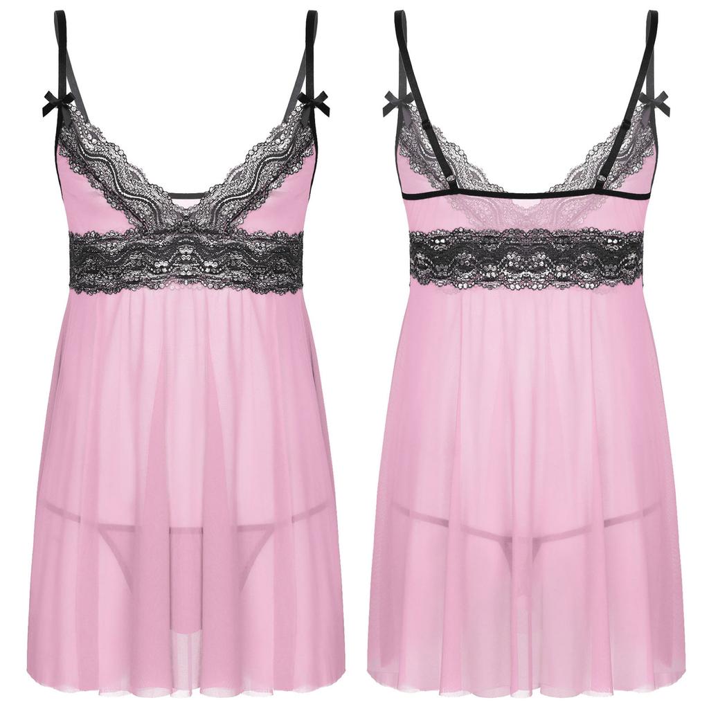 Sissy Babydoll Spodní prádlo Noční košile Pánské Krajka Průsvitná noční košile bez rukávů Crossress noční košile