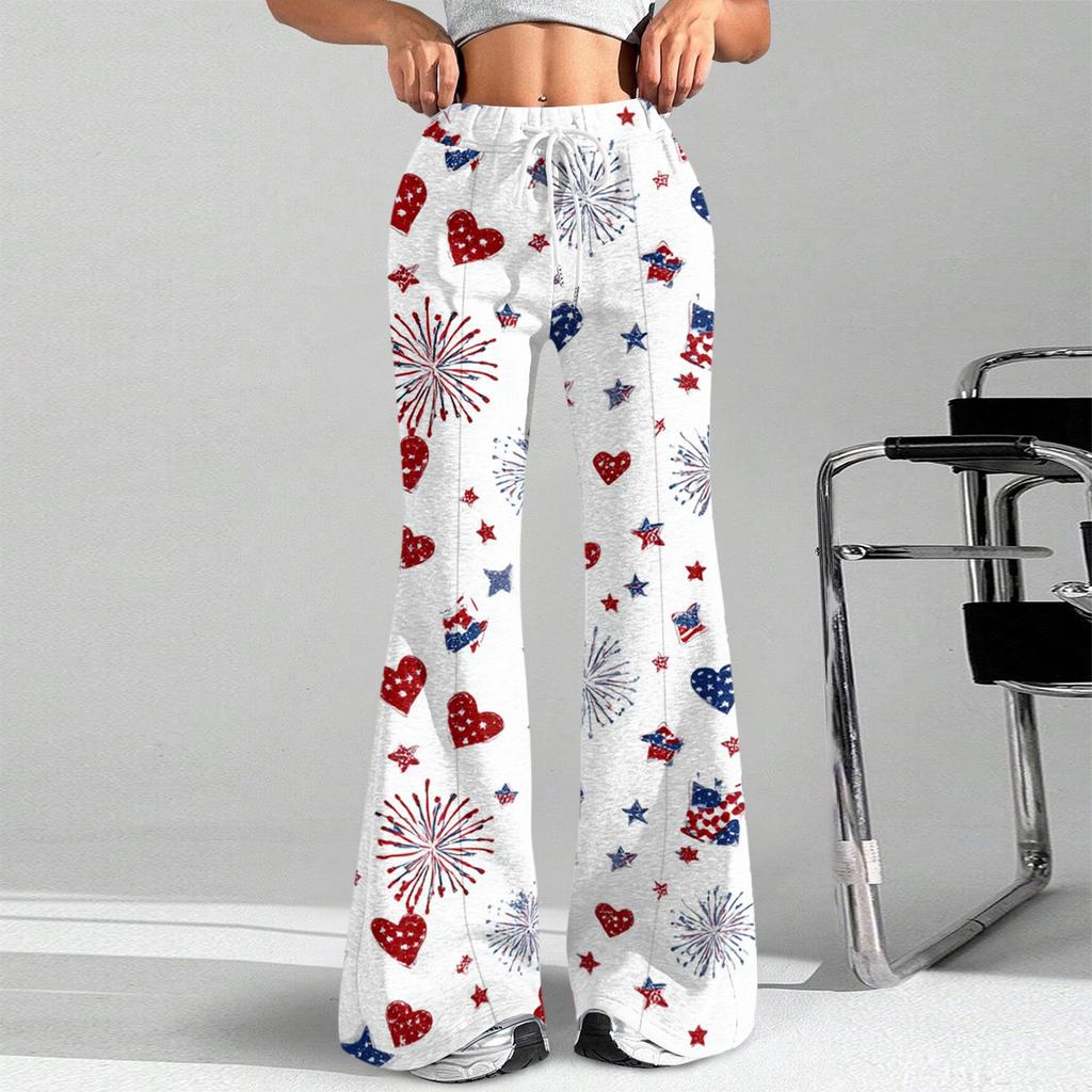 Women's Fashion Loose Drawstring Tight Waist Independence Day Printed Casual Sports Pants Casual Flared Pants