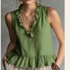 Women V Neck Ruffle Sleeveless Loose Casual Blouse Tank Top