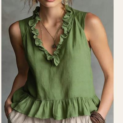 Women V Neck Ruffle Sleeveless Loose Casual Blouse Tank Top
