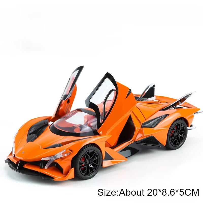 1:24 Scale Plating Apollo Project EVO Sports Car Model Toy Pull Back Sound Light Wheel Steering Supercar Models Desktop Ornament