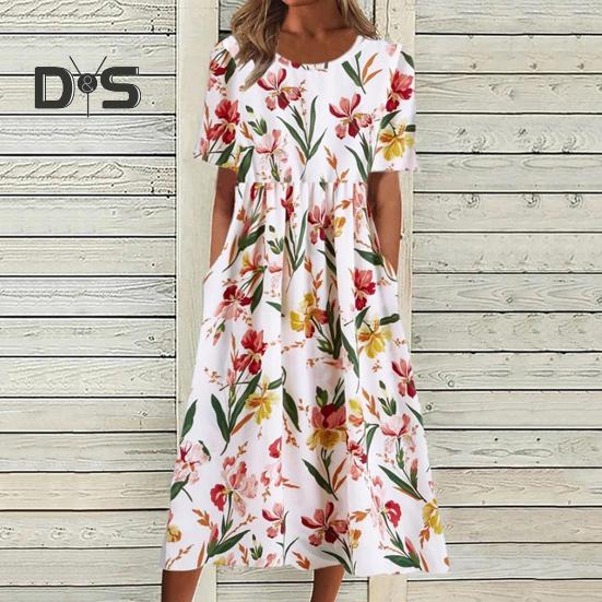 Women's Summer Short Sleeve Dress Casual Floral Print Round Neck Midi Dress with Pockets Flowy A-line Beach Sundress