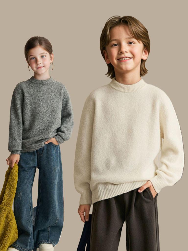 Children's Wool Ribbed Sweater - Round Neck, Cozy Autumn/Winter Base Layer for Girls