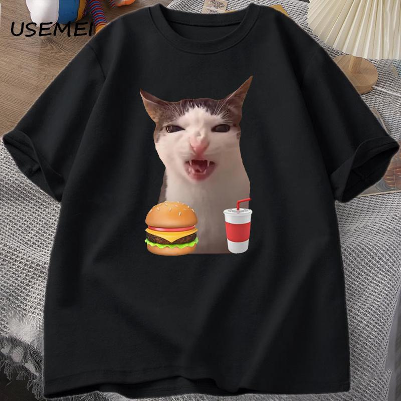 Cat Crunching Food Meme T-shirt Men Silly T Shirts Funny Cat Eating T-Shirt Cotton Short Sleeve Graphic Tees Streetwear
