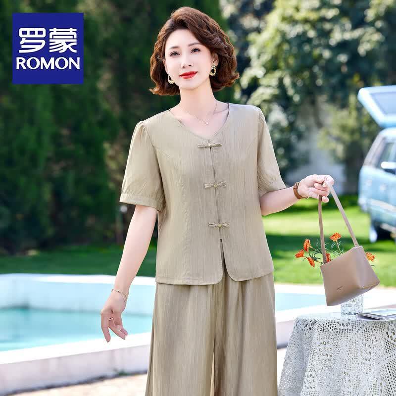 

ROMON Mid-Aged Women s Summer Short Sleeve Two-Piece Set 3XL