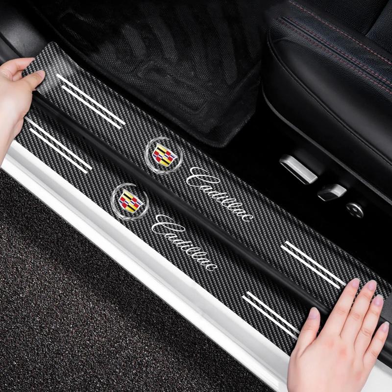 4Pcs Car Accessories Door Sill Scuff Plate Decor Carbon Fiber Stickers For Cadillac Escalade CTS ATS SRX STS XT5 XT4 XT6 XTS CT4