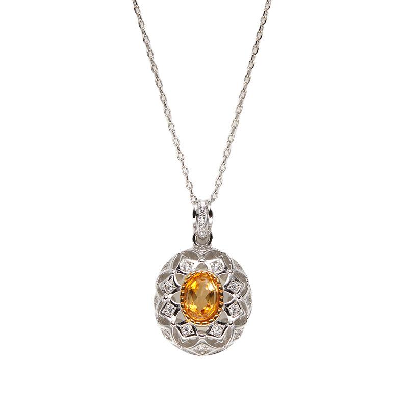S925 Sterling Silver Natural Citrine Peridot Garnet Topaz Colored Treasure Necklace Women'S Oval Pendant