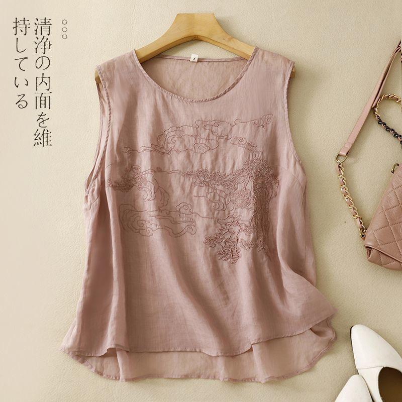 

Simple and elegant chic sling vest cotton and linen embroidered solid color women s clothing summer new versatile comfortable loose crew neck top M