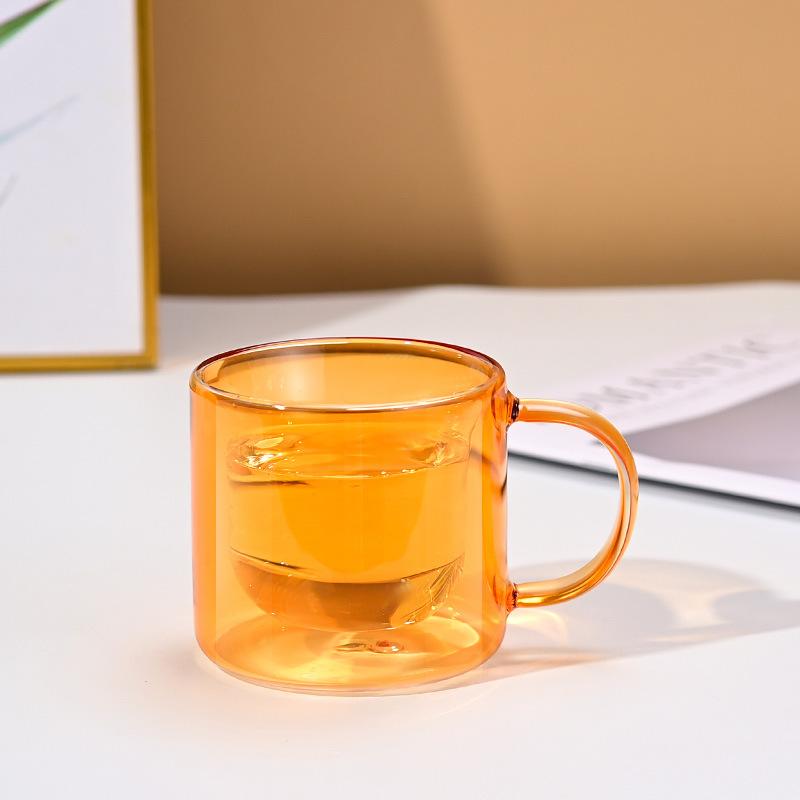 Simple Color Double-layer Glass Thickened Borosilicate Glass Coffee Cup with Handle Anti-scalding Drinking Water Cup