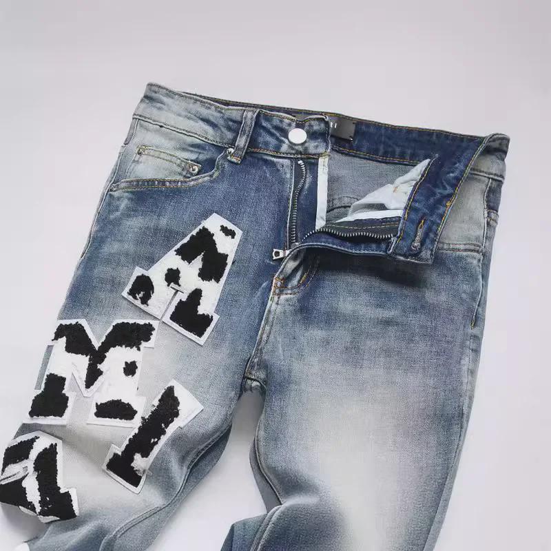 Washed Blue Embroidered Skinny Fit Men's Jeans