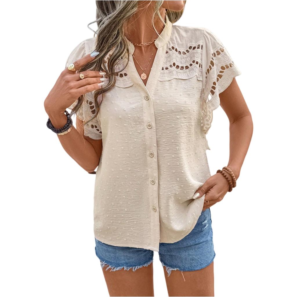 Women's Fashionable Casual Lace-trimmed Hollowed-out Button Short-sleeved T-shirt Top