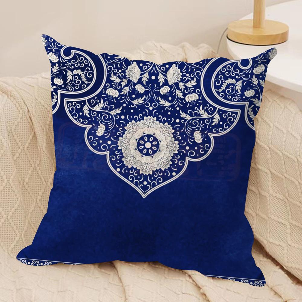 Ethnic Style Blue Floral Cushion Cover Silky Short Plush Sofa Pillow Cover Hidden Zipper Soft Dustproof Case for Home Decor
