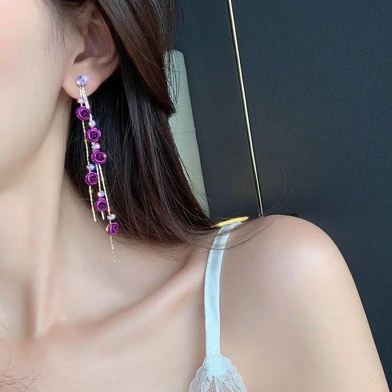 Women Versatile Rose Earrings Alloy Long Tassels Elegant Temperament Eardrop