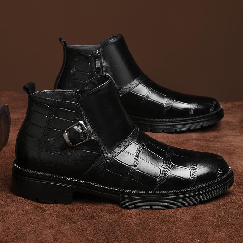 Fashion Causal Business Formal Shoes Men Chelsea Genuine Leather Ankle Boots Fashion Crocodile Leather Round Toe Antiskid Designer Boots