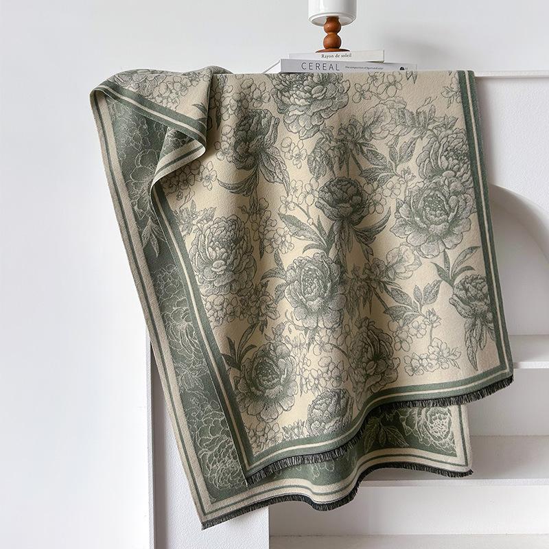 

Имитация кашемира Пион Ретро Национальный стиль Текстурная печать Двусторонний Теплый Шарф Шаль Верхняя одежда Женщины 185cm зелёный