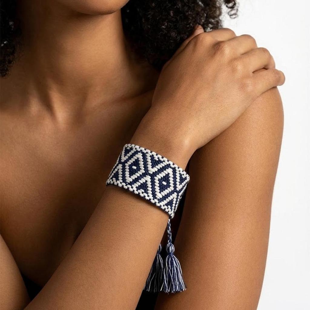 Adjustable Mori Style Diamond Lattice Jacquard Tassel Bracelet