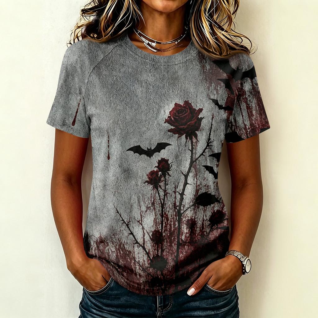 Camiseta Ligera Informal para Mujer con Mangas Raglán, Cuello Redondo y Manga Corta, Estampado Gráfico Temático de Halloween