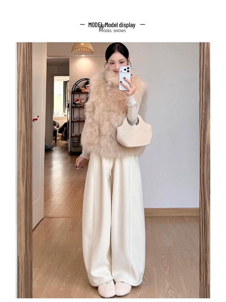 Women's Fleece-Lined Off-White Glutinous Rice Wide-Leg Pants, High-Waisted, Loose-Fit, Slimming, Petite, Autumn/Winter.