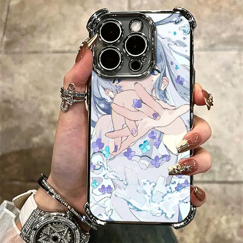 Anime Kwaii Girl Ins Style Plating Phone Case For Iphone 16 17 Pro Max Air 16E 14 15 Plus 12 13 Mini Anti-Fall Airabag Cover