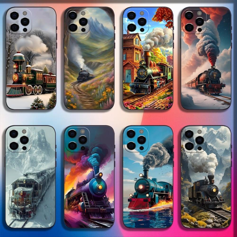 Classic Steam Train Railway Phone Case For iPhone 16,15,14,13,12,11,Pro,X,XS,Max,XR,Plus,Mini Soft Black Cover