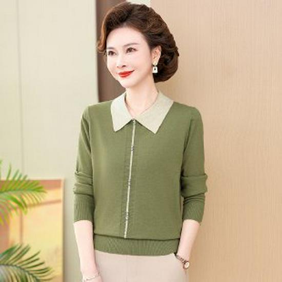 

Elegant Knit Lapel Sweater for Middle-aged and Elderly Women—Long Sleeve Base Layer for Spring and Autumn 3XL зелёный