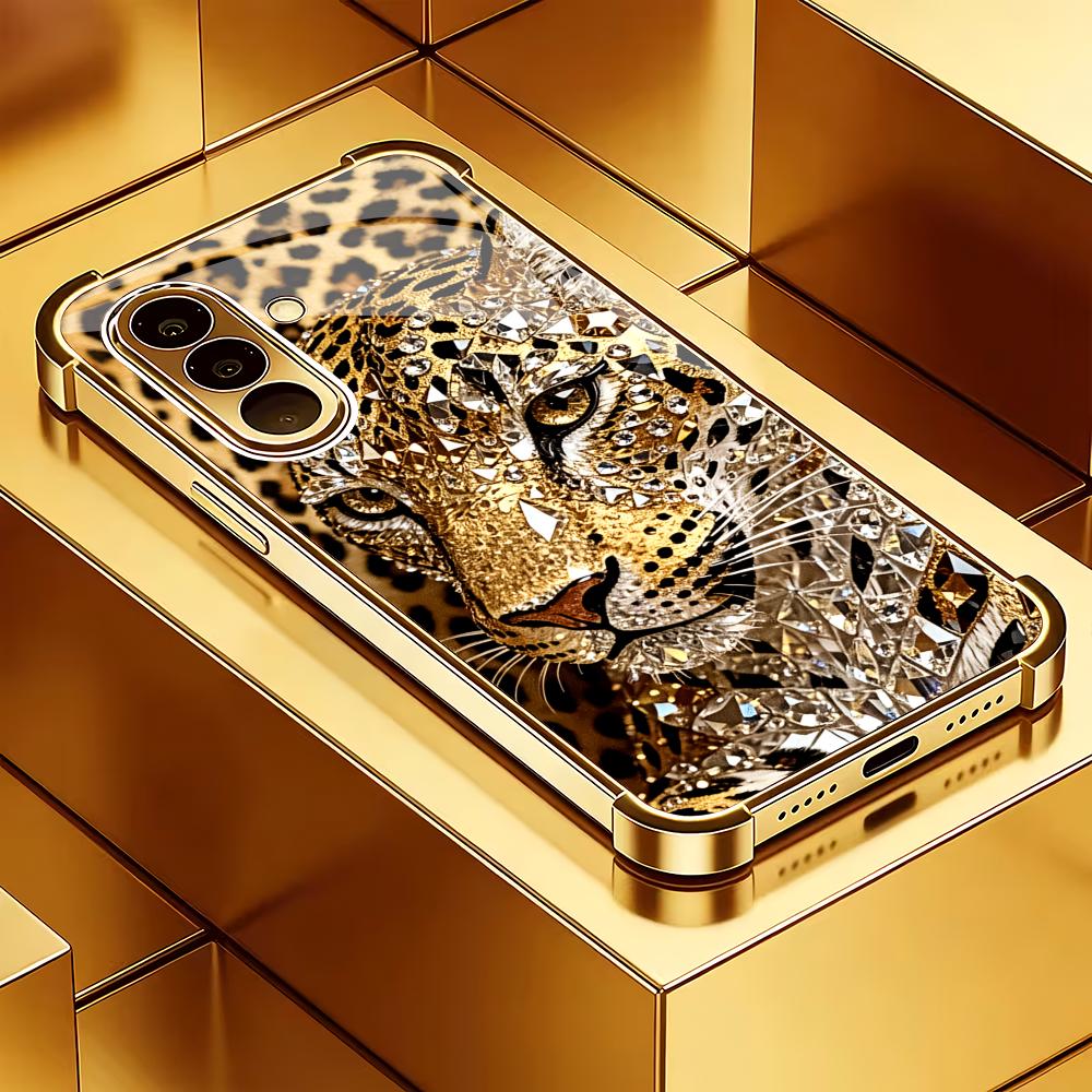 Golden tiger pattern four corner anti drop glass phone case suitable for Samsung Galaxy S26 S25 S24 S22 S21 S20 FE/Ultra/Plus