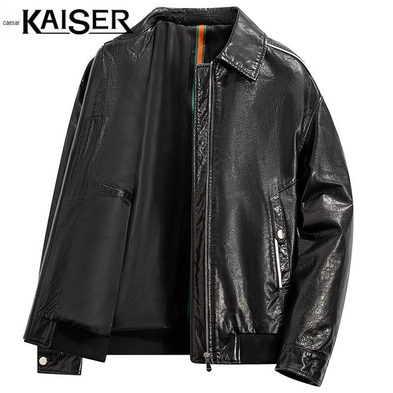 KAISER Men's Turn-Down Collar Oil Wax Cowhide Leather Jacket