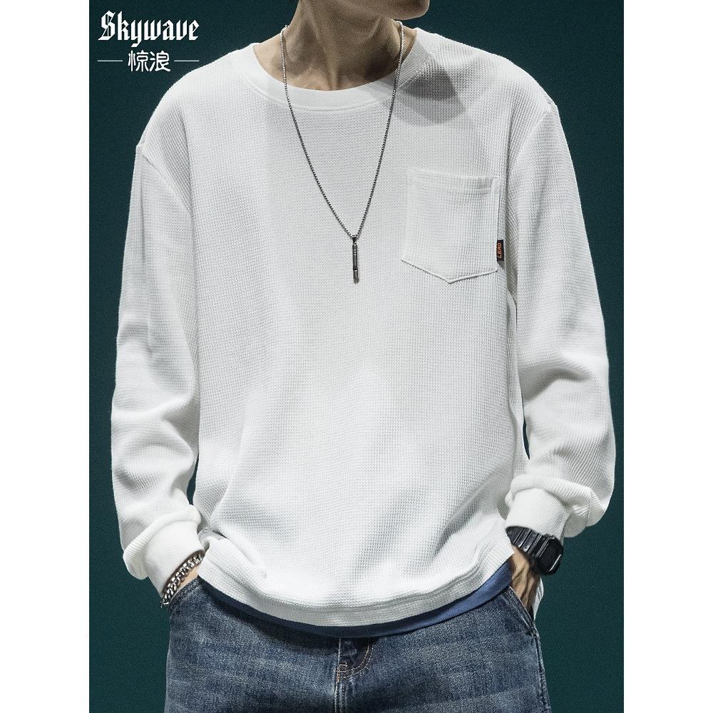 

Высококачественная вафельная поддельная футболка из двух частей с длинными рукавами, мужская свободная и толстая, большого размера, мужской повседневный свитер с круглым вырезом 3XL белый